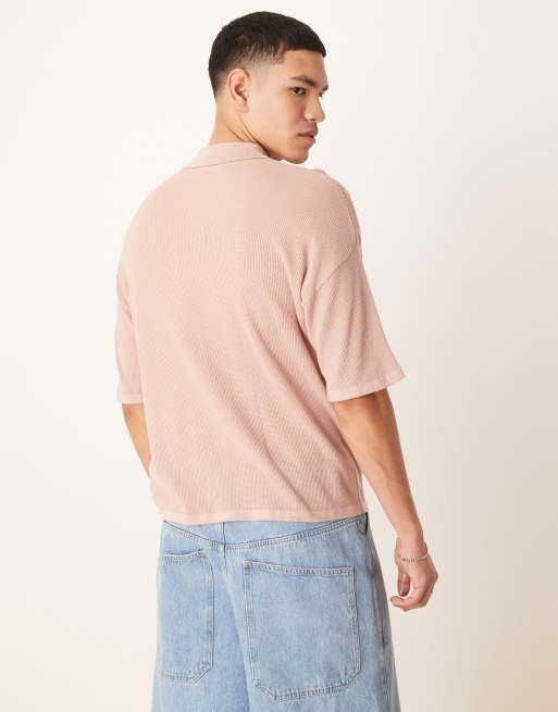 ASOS DESIGN – Locker geschnittenes Strick-Polohemd in Staubrosa mit floralem Patchwork-Design, 4 von 4