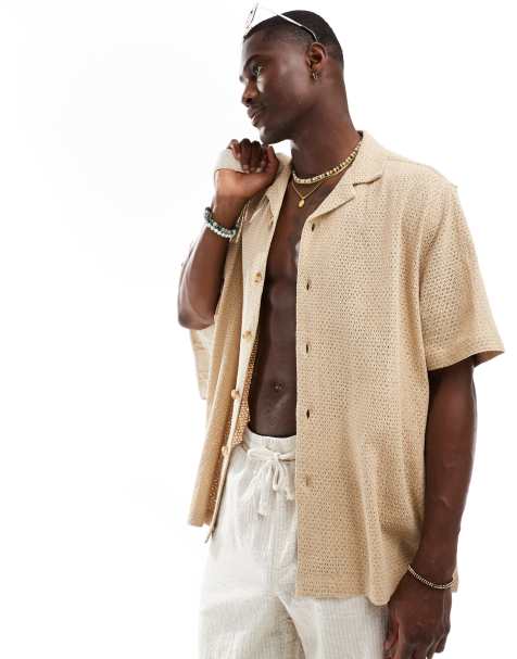 ASOS DESIGN – Locker geschnittenes, strukturiertes Hemd in Beige mit Reverskragen - view 1