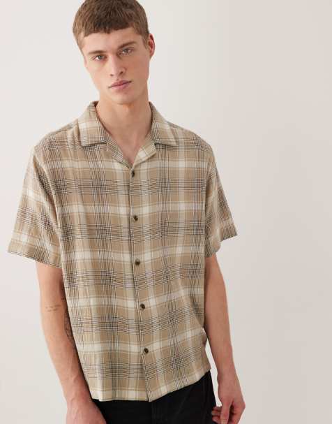 ASOS DESIGN – Locker geschnittenes, strukturiertes Karohemd in Beige mit Reverskragen - view 1