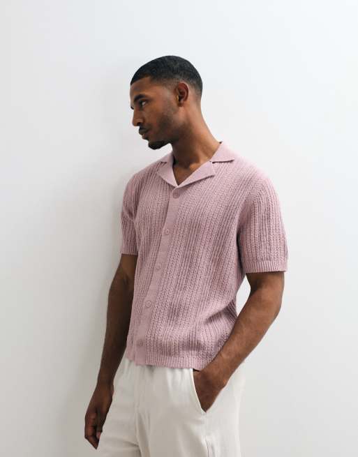 ASOS DESIGN – Locker geschnittenes, strukturiertes Strick-Polohemd in Mauve mit Knopfleiste, 3 von 5