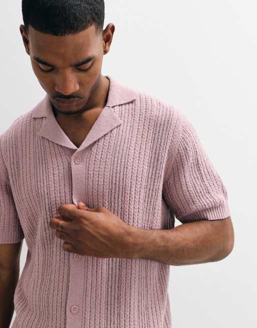 ASOS DESIGN – Locker geschnittenes, strukturiertes Strick-Polohemd in Mauve mit Knopfleiste, 4 von 5
