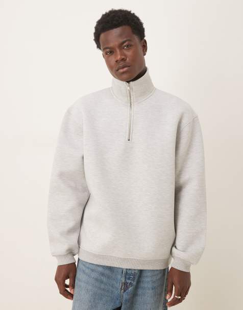 ASOS DESIGN – Locker geschnittenes Sweatshirt aus neoprenartigem Material in meliertem Grau mit kurzem Reißverschluss und Stehkragen - view 1