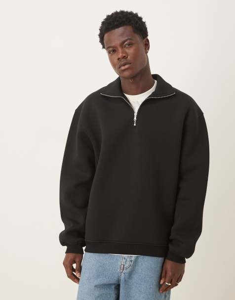 ASOS DESIGN – Locker geschnittenes Sweatshirt aus neoprenartigem Material in Schwarz mit kurzem Reißverschluss und Stehkragen - view 1