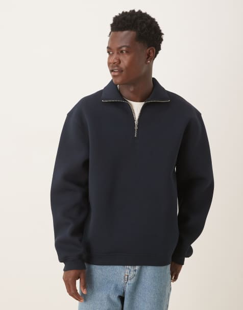 ASOS DESIGN – Locker geschnittenes Sweatshirt aus schwerem, neoprenartigem Material in Marineblau mit kurzem Reißverschluss und Stehkragen - view 1
