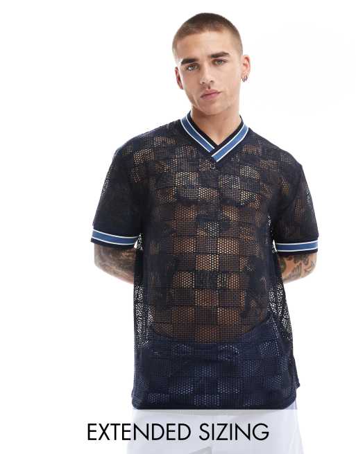 ASOS DESIGN – Locker geschnittenes T-Shirt aus gemustertem Netzstoff in Marineblau
