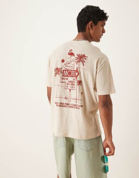 ASOS DESIGN – Locker geschnittenes T-Shirt aus Leinenmix in natürlichem Farbton mit Motel-Grafik - view 1