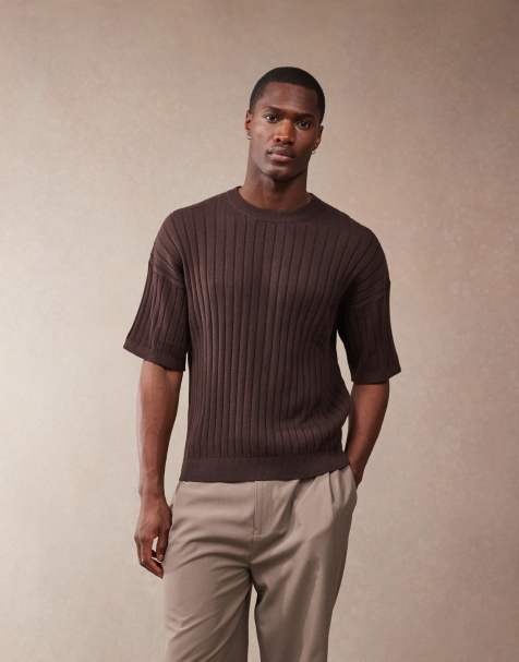 ASOS DESIGN – Locker geschnittenes T-Shirt aus Rippstrick in Braun - view 1