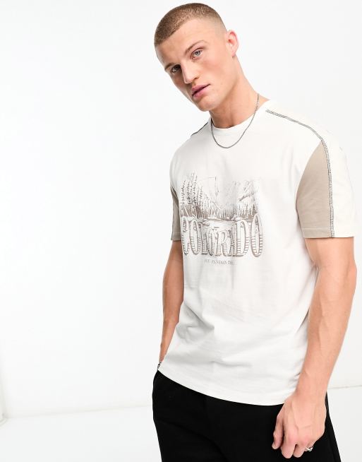 ASOS DESIGN – Locker geschnittenes T-Shirt in Beige mit Raglanärmeln, Farbblockdesign und Print vorne