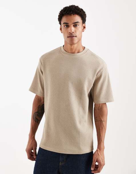 ASOS DESIGN – Locker geschnittenes T-Shirt in Beige mit Waffelstruktur - view 1