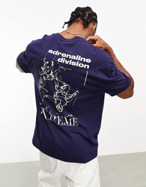 ASOS DESIGN – Locker geschnittenes T-Shirt in Marineblau mit gezeichnetem Linien-Rückenprint