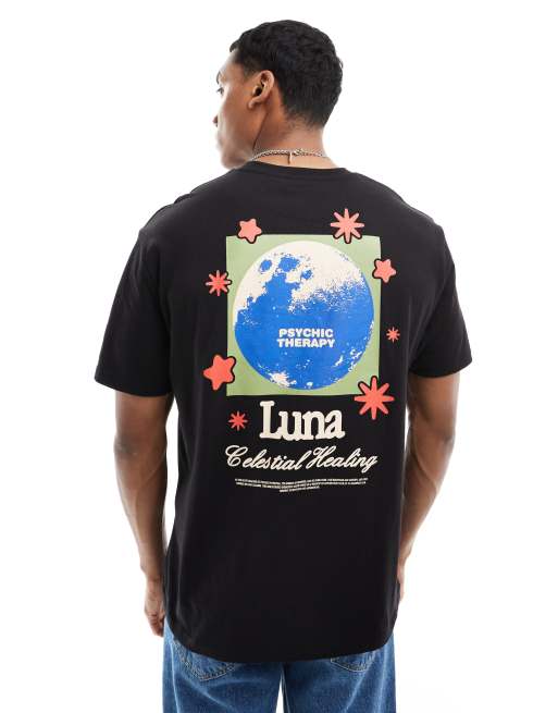 ASOS DESIGN – Locker geschnittenes T-Shirt in Schwarz mit Himmelskörper-Print auf Brust und Rücken