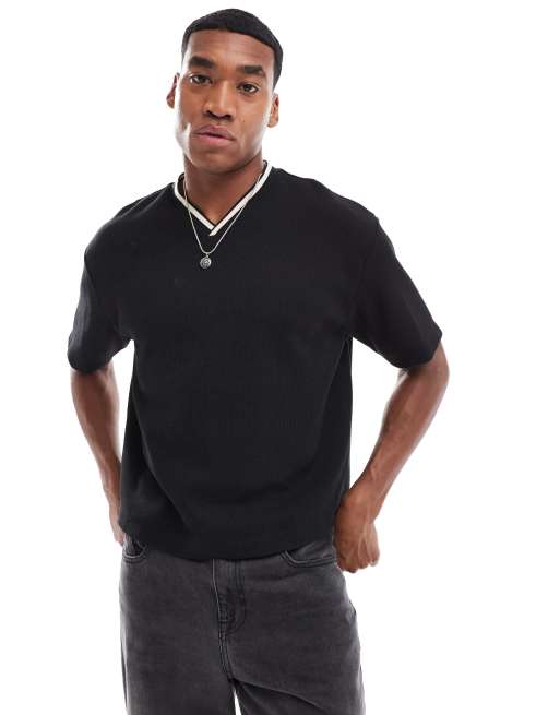 ASOS DESIGN – Locker geschnittenes T-Shirt in Schwarz mit Waffelstruktur und sportlichem Zierstreifen