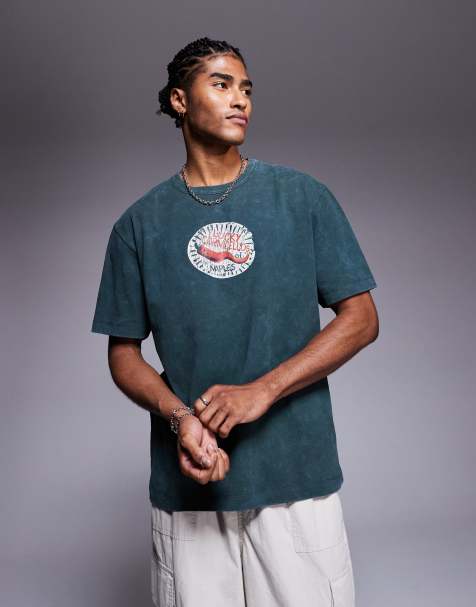 ASOS DESIGN – Locker geschnittenes T-Shirt in verwaschenem Dunkelgrün mit Grafik auf der Brust, 220 g/m² schwer - view 1