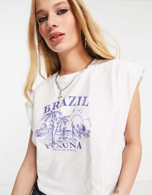 ASOS DESIGN – Locker geschnittenes T-Shirt in Weiß mit „Brazil“-Postkarten-Grafikprint