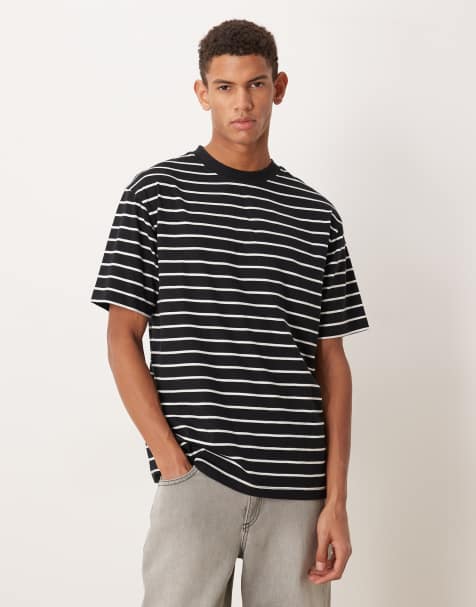 ASOS DESIGN – Locker geschnittenes T-Shirt mit Streifenmuster in Schwarz und Weiß - view 1