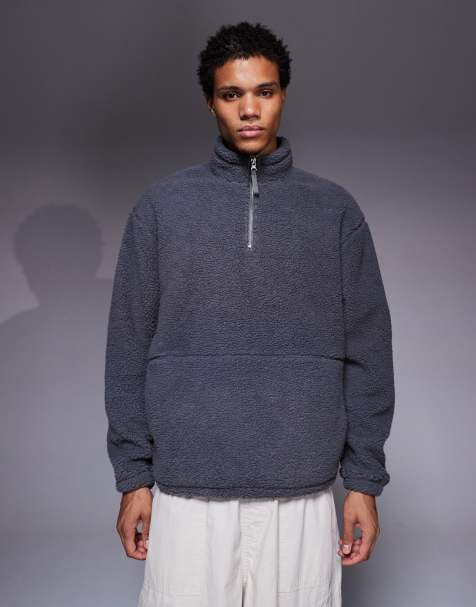 ASOS DESIGN – Locker geschnittenes Teddyfell-Sweatshirt in Grau mit Stehkragen und durchgehendem Reißverschluss - view 1