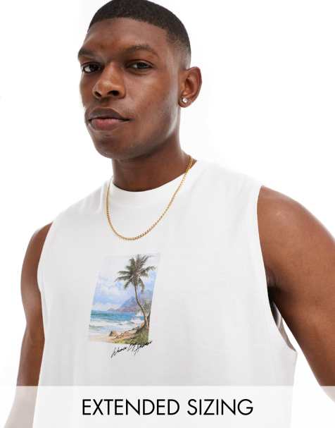 ASOS DESIGN – Locker geschnittenes Trägershirt in Weiß mit Landschafts-Print auf der Brust - view 1