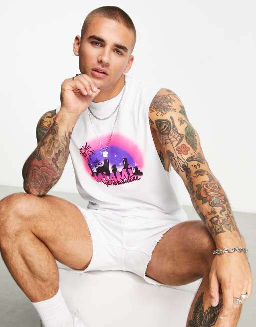 ASOS DESIGN – Locker geschnittenes Trägershirt in Weiß mit „Miami“-Print 