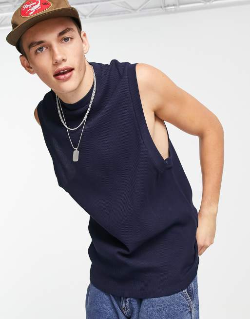 ASOS DESIGN – Locker geschnittenes Trägertop in Marineblau mit Waffelstruktur 