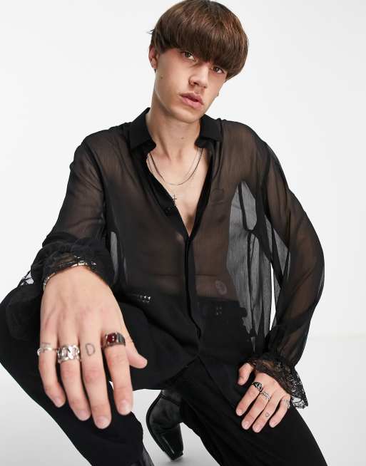 ASOS DESIGN – Locker geschnittenes, transparentes Hemd in Schwarz mit Spitzenbündchen