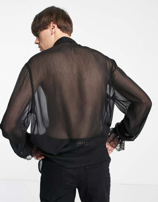 ASOS DESIGN – Locker geschnittenes, transparentes Hemd in Schwarz mit Spitzenbündchen , 3 von 4