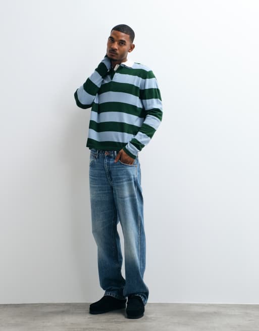 ASOS DESIGN locker gestricktes Langarm-Rugby-Polo mit Streifen in Grün und Blau, 3 von 5