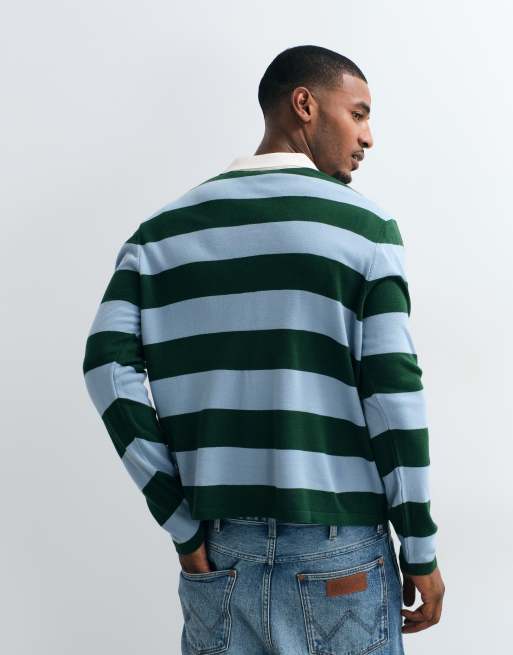 ASOS DESIGN locker gestricktes Langarm-Rugby-Polo mit Streifen in Grün und Blau, 4 von 5