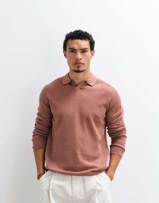 ASOS DESIGN locker gestricktes Pointelle-Oberteil mit Schlitzkragen in Pink, 5 von 5