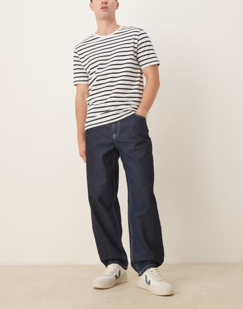 ASOS DESIGN – Locker sitzende Jeans in Indigo mit geradem Schnitt und Ziernähten in Ecru, Kombiteil - view 1
