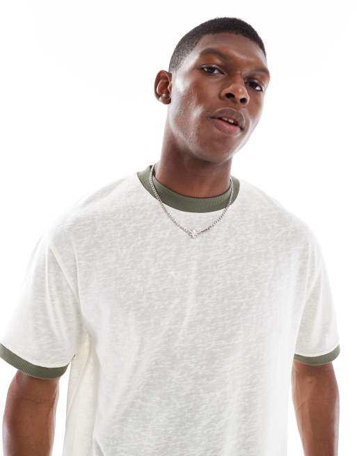 ASOS DESIGN – Locker sitzendes T-Shirt in cremeweißer Leinenoptik mit farblich eingesetzten Einfassungen