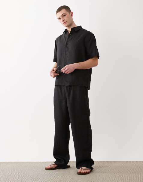 ASOS DESIGN – Locker und gerade geschnittene Hose aus 100% Leinen in Schwarz, Kombiteil - view 1