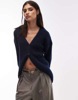 ASOS DESIGN - Lockere Strickjacke in Marineblau mit Wollanteil-Grün