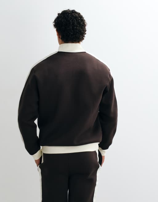 ASOS DESIGN lockere Trackjacke mit Reißverschluss aus Scuba-Material mit Piqué-Einsätzen in Braun, 5 von 5