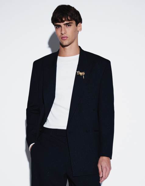 ASOS DESIGN lockere zweireihige Anzugjacke in Marineblau mit Metallic-Nadelstreifen - view 1