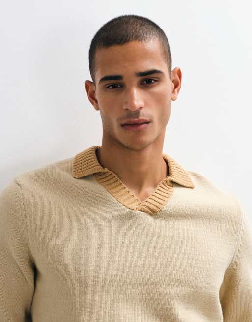 ASOS DESIGN lockerer gestrickter Pullover mit gekerbtem Ausschnitt und langen Ärmeln in Beige und Hellbraun, 5 von 5