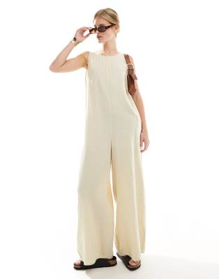 ASOS DESIGN - Lockerer Jumpsuit in Steinbeige mit Hosenrock-Design und Rundhalsausschnitt-Neutral