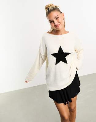 ASOS DESIGN - Lockerer Pullover in Elfenbeinweiß mit Stern-Motiv