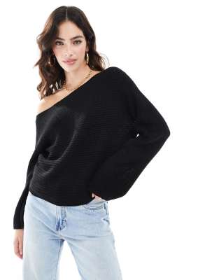 ASOS DESIGN - Lockerer Strickpullover in Schwarz mit One-Shoulder-Design