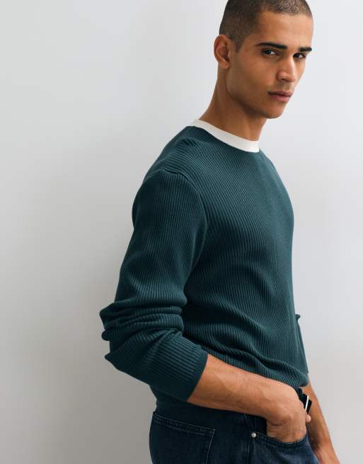 ASOS DESIGN lockerer Strickpullover mit Rippstruktur und Kontrastkragen in Grün, 3 von 5