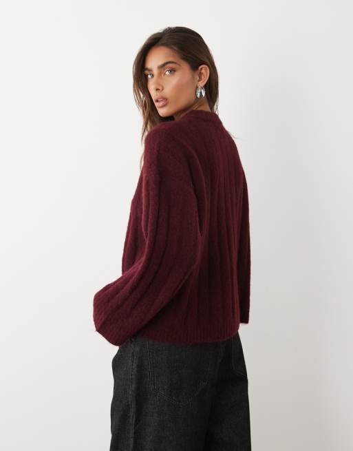 ASOS DESIGN lockerer Strickpullover mit Rundhalsausschnitt in Burgunderrot, 3 von 4
