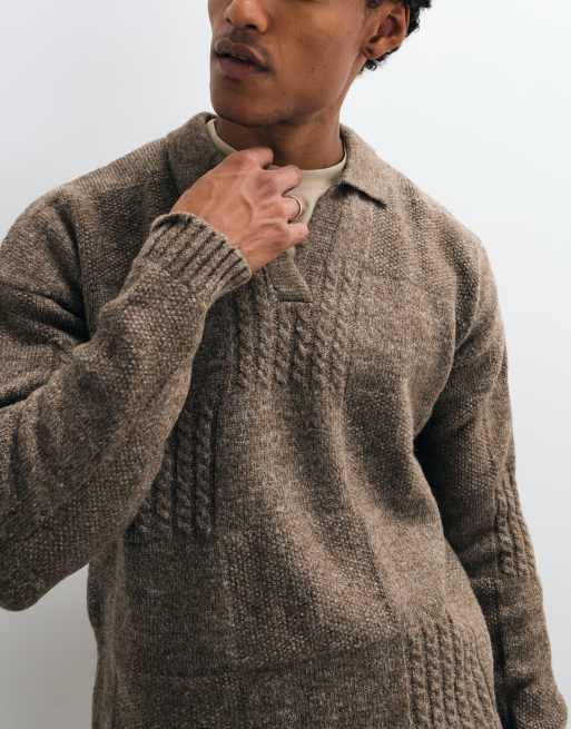 ASOS DESIGN lockerer Strickpullover mit Schlitzkragen und Karodetail in Braun, 3 von 5