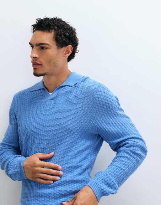 ASOS DESIGN lockerer Strickpullover mit Struktur, langen Ärmeln und Schlitz-Ausschnitt in Blau, 4 von 5