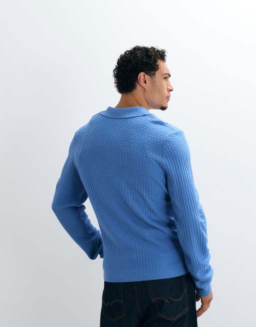 ASOS DESIGN lockerer Strickpullover mit Struktur, langen Ärmeln und Schlitz-Ausschnitt in Blau, 5 von 5
