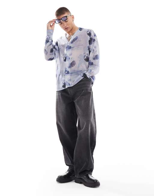 ASOS DESIGN – Lockeres Hemd in Blau mit Blumenmuster und tiefem Reverskragen