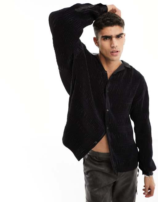 ASOS DESIGN – Lockeres Hemd in Schwarz aus strukturiertem Plissee mit Reverskragen , 2 von 4