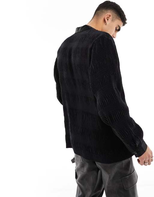 ASOS DESIGN – Lockeres Hemd in Schwarz aus strukturiertem Plissee mit Reverskragen , 3 von 4