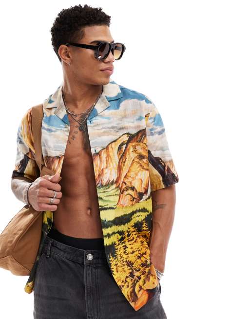 ASOS DESIGN – Lockeres Hemd mit Landschafts-Print und Reverskragen
