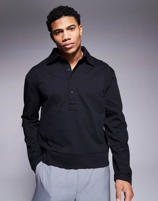 ASOS DESIGN – Lockeres, kastiges, langärmliges Polohemd aus schwerem Stoff in Schwarz, 240 g/m²