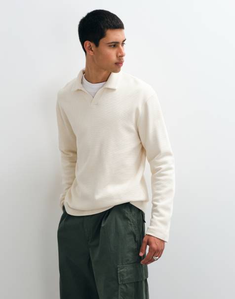 ASOS DESIGN lockeres Langarm-Polo in Creme mit Waffelstruktur - view 1