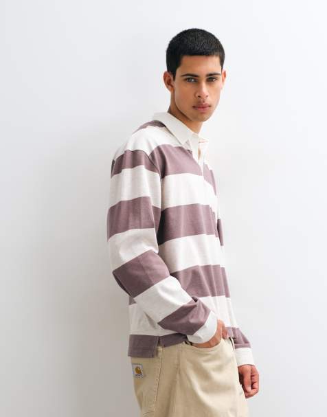 ASOS DESIGN lockeres Langarm-Polohemd mit Rugby-Kragen in beigem Streifenmuster - view 1